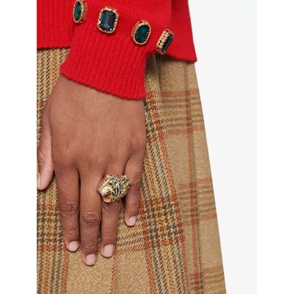 Gucci Women's Bronze Rajah Tiger Head Ring with Crystals - Picture 2 of 6